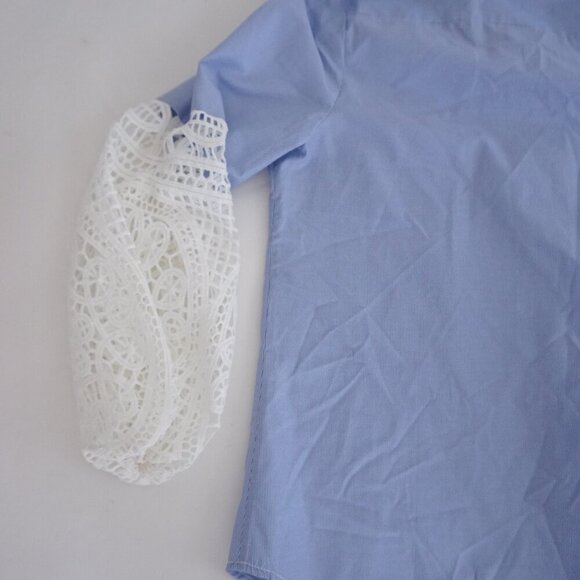 Chico's Blue White Stripe Lace Balloon Sleeve Button Up Cotton Blend Shirt 1P - Picture 11 of 12